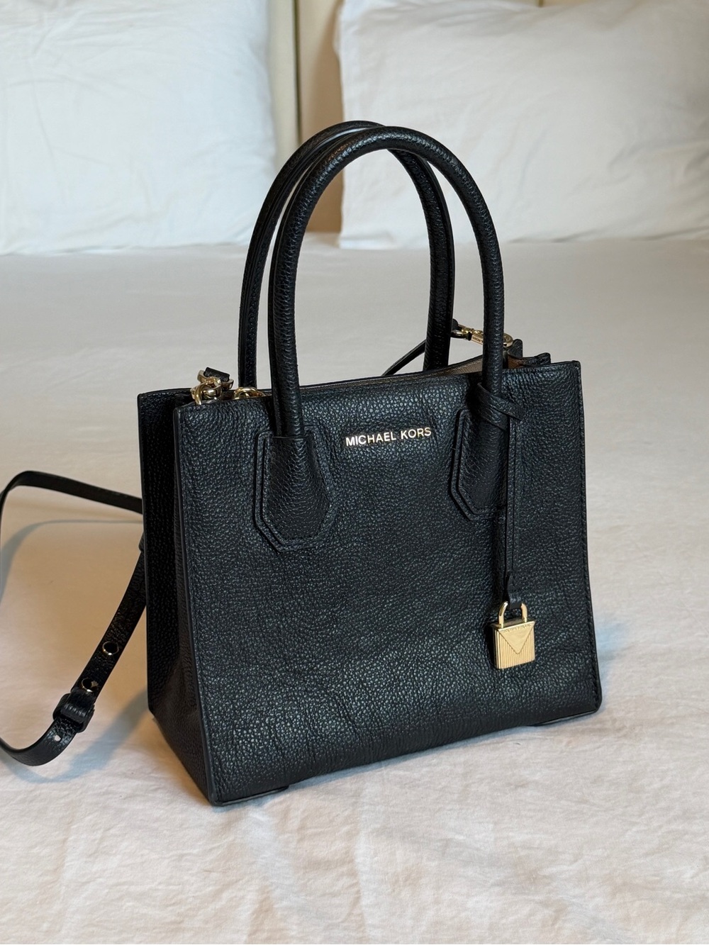 Michael Kors Black Pebbled Leather Satchel with Gold Hardware